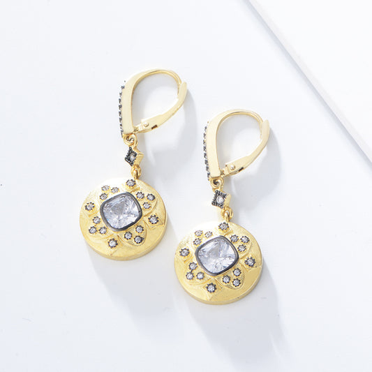 925 Sterling Silver Matte 14K Gold Earrings, Vintage Pave Zirconia