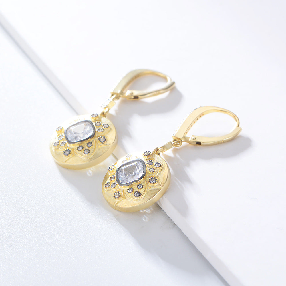 925 Sterling Silver Matte 14K Gold Earrings, Vintage Pave Zirconia