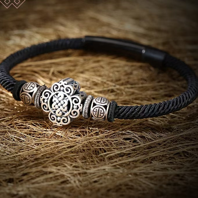 925 Sterling Silver Lucky Black Hand-Woven Knot Stainless Steel Clip Bracelet
