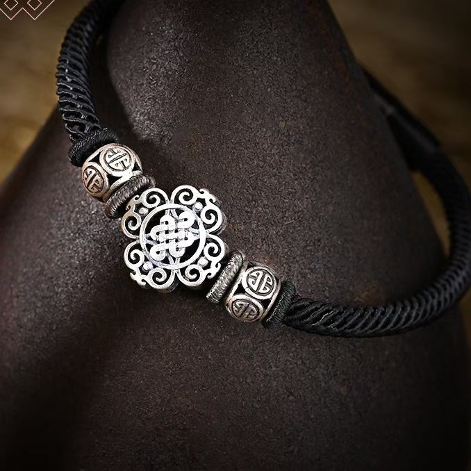 925 Sterling Silver Lucky Black Hand-Woven Knot Stainless Steel Clip Bracelet