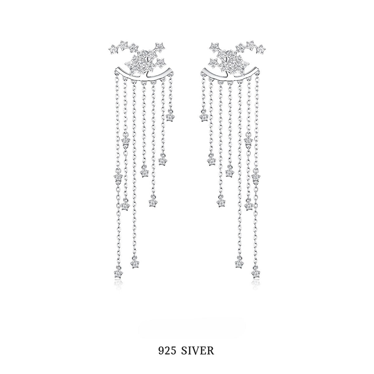 Star Fringe Earrings - 925 Silver Back Hook Light Luxury Studs