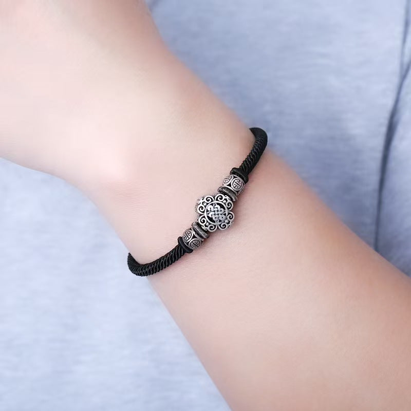 925 Sterling Silver Lucky Black Hand-Woven Knot Stainless Steel Clip Bracelet