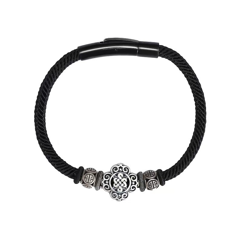925 Sterling Silver Lucky Black Hand-Woven Knot Stainless Steel Clip Bracelet