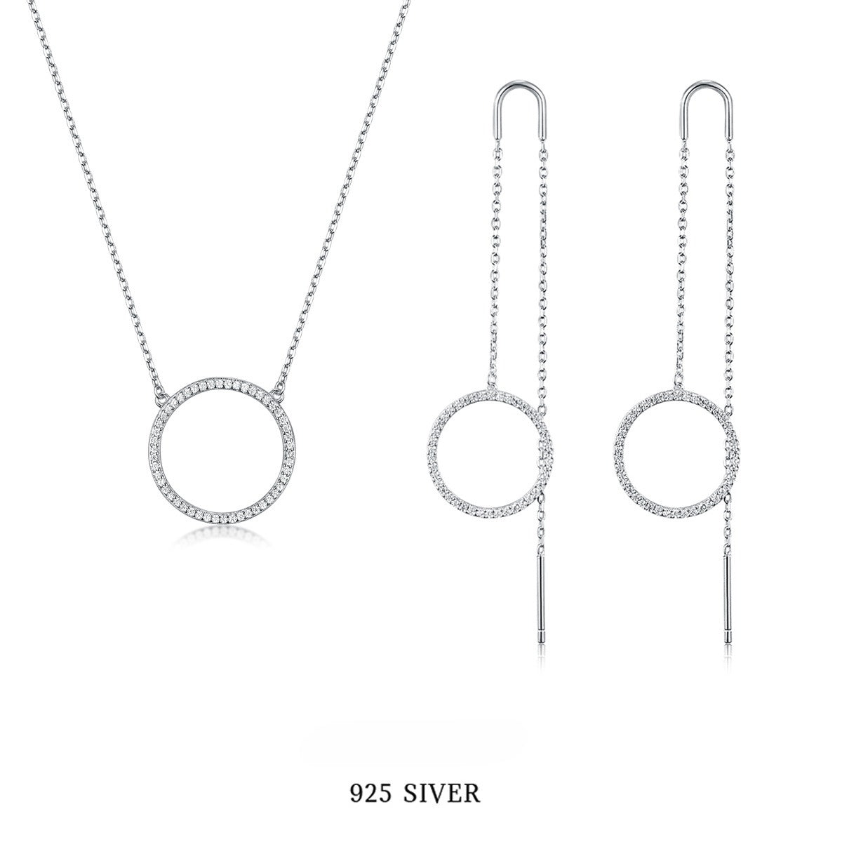 Zircon Circle Necklace Set - 925 Silver Geometric Layered Jewelry