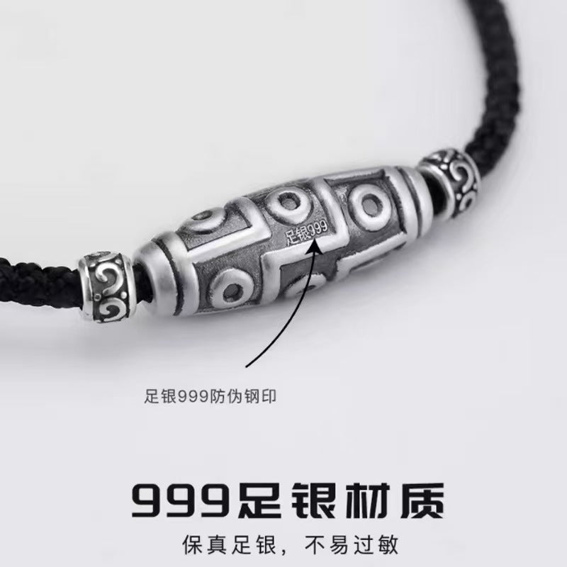 999 Sterling Silver Nine Eyes Dzi Bead Braided Necklace