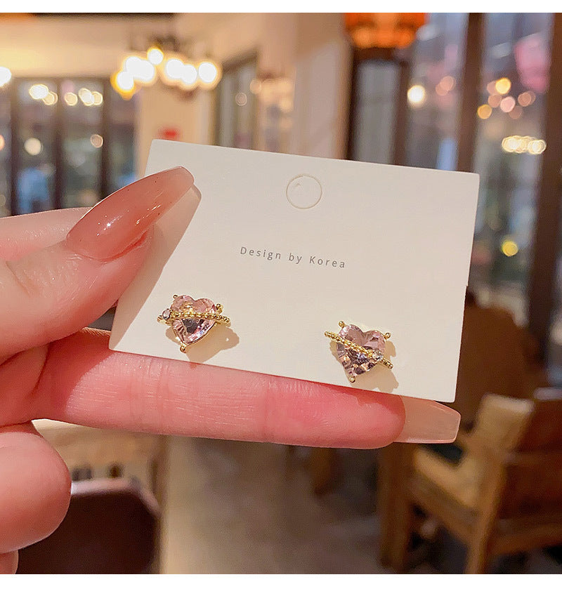 S925 silver needle niche exquisite pink heart-shaped zircon earrings