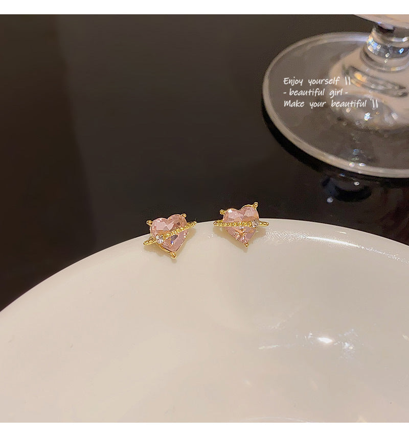 S925 silver needle niche exquisite pink heart-shaped zircon earrings