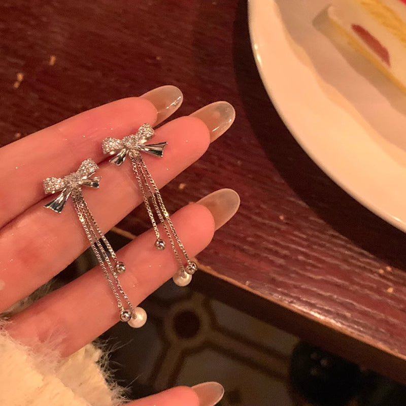 S925 silver needle long tassel bow earrings
