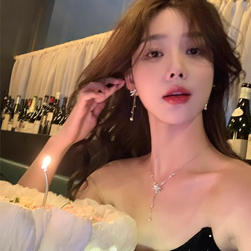 S925 silver needle long tassel bow earrings