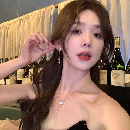 S925 silver needle long tassel bow earrings