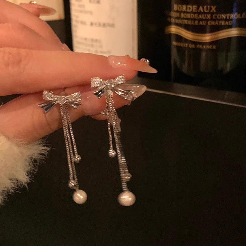 S925 silver needle long tassel bow earrings