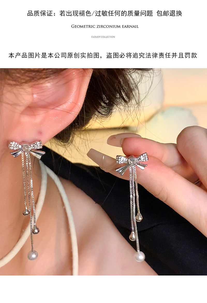 S925 silver needle long tassel bow earrings