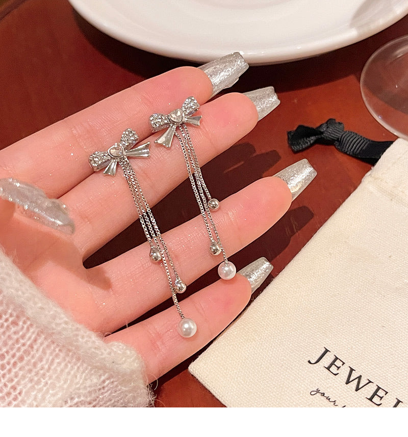 S925 silver needle long tassel bow earrings
