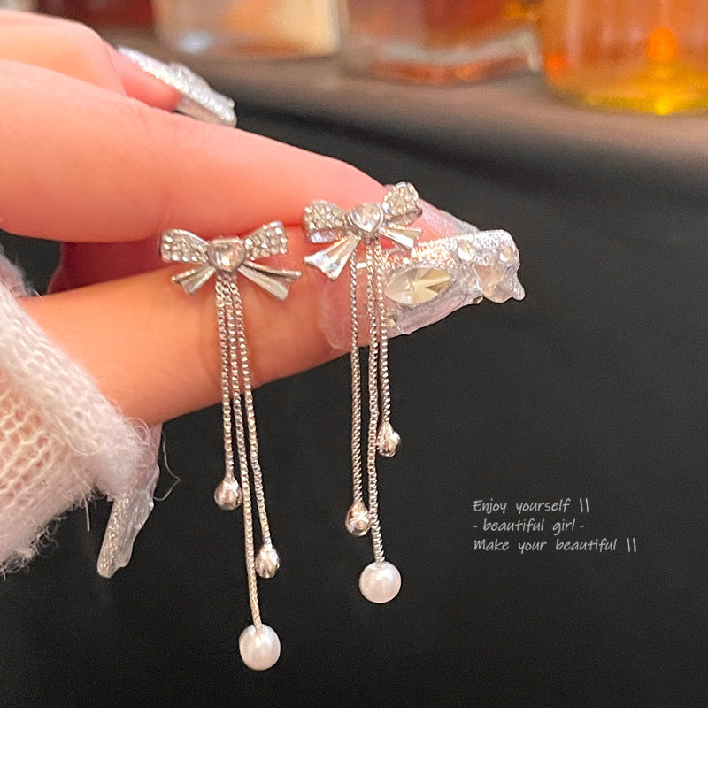 S925 silver needle long tassel bow earrings