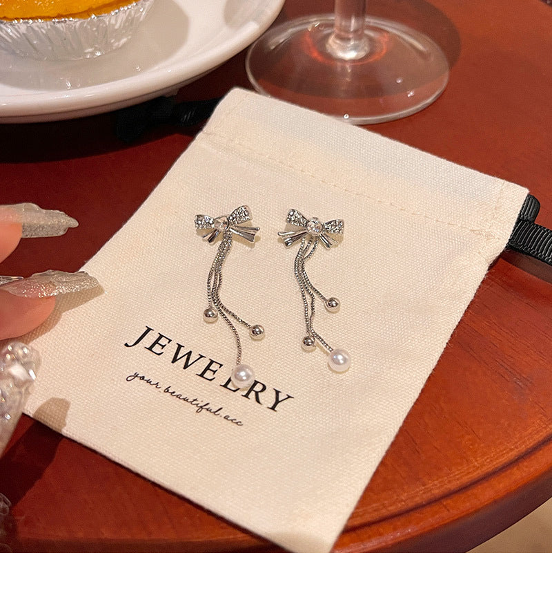 S925 silver needle long tassel bow earrings