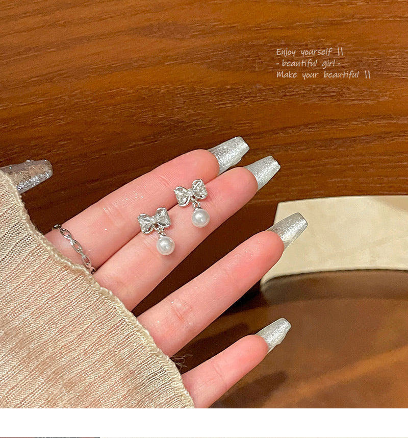 S925 silver needle light luxury simple zircon bow earrings