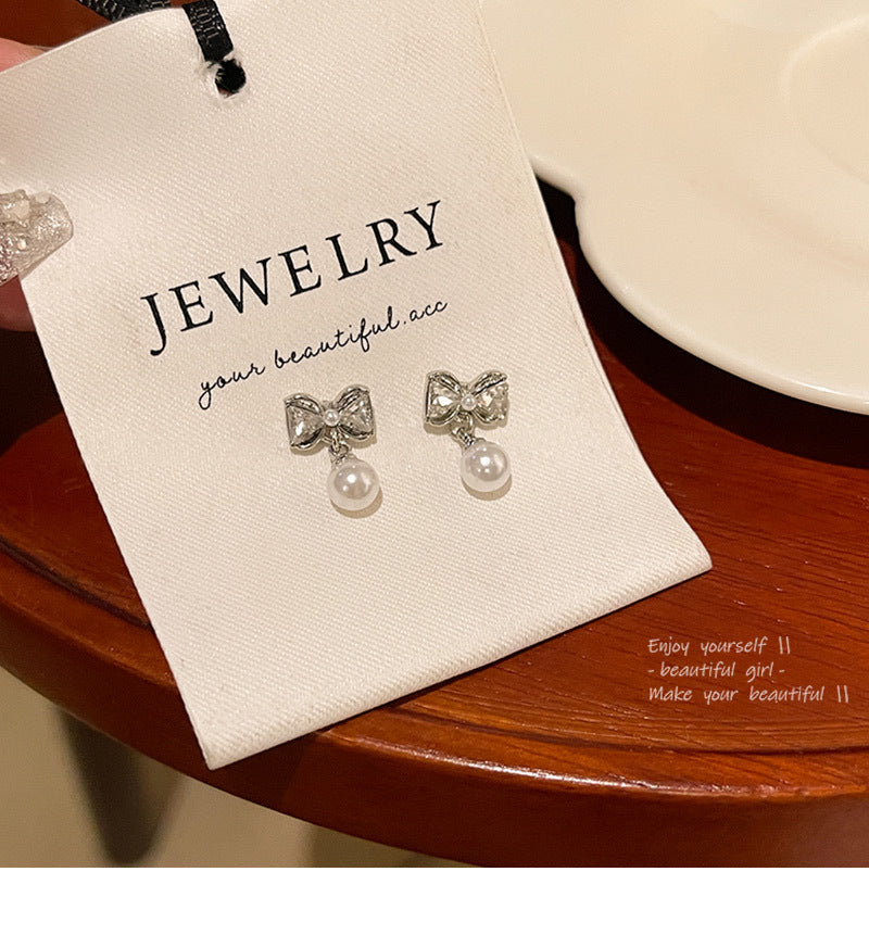 S925 silver needle light luxury simple zircon bow earrings