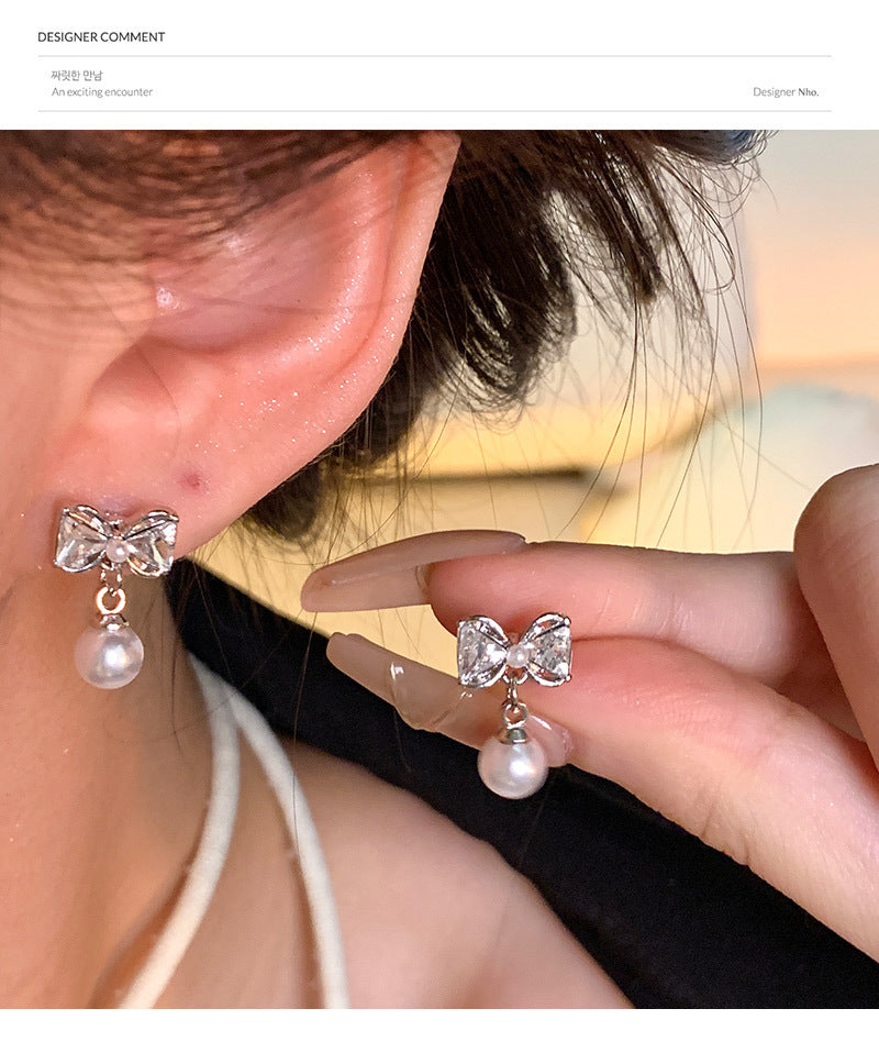 S925 silver needle light luxury simple zircon bow earrings