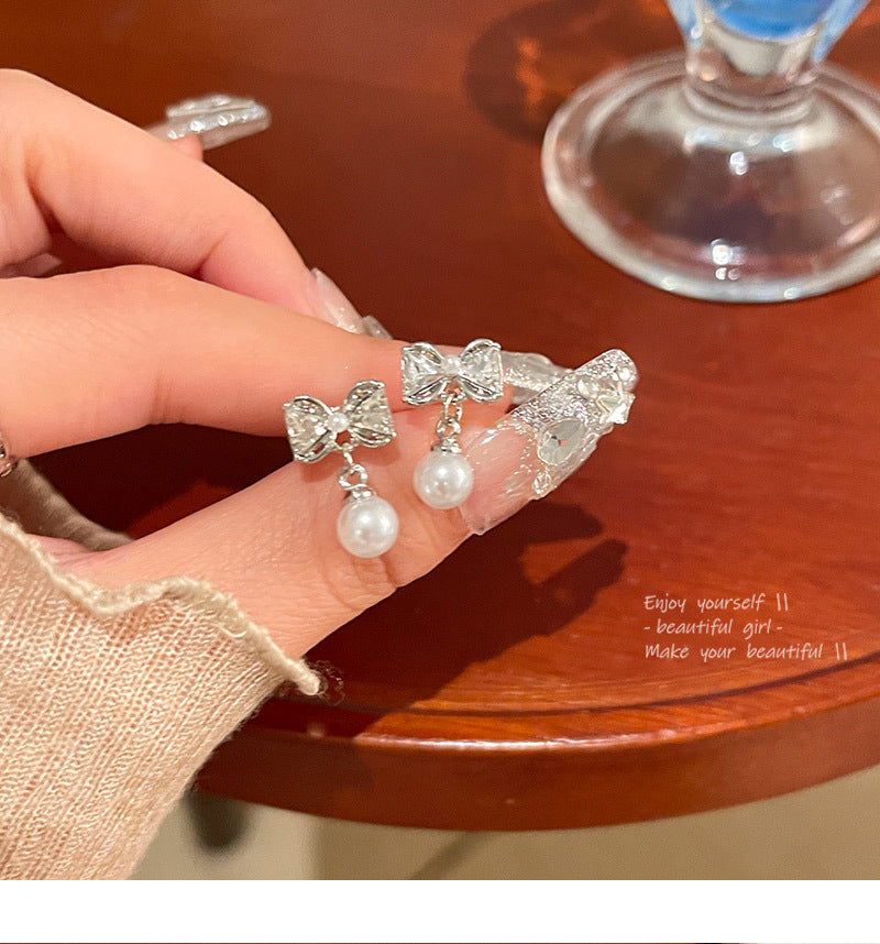 S925 silver needle light luxury simple zircon bow earrings