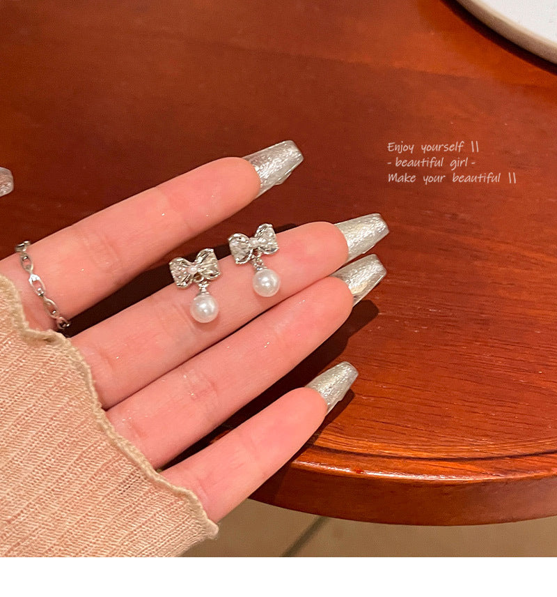 S925 silver needle light luxury simple zircon bow earrings
