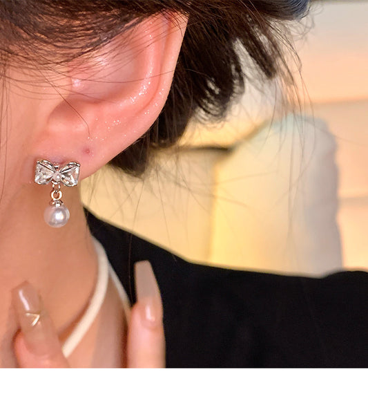 S925 silver needle light luxury simple zircon bow earrings