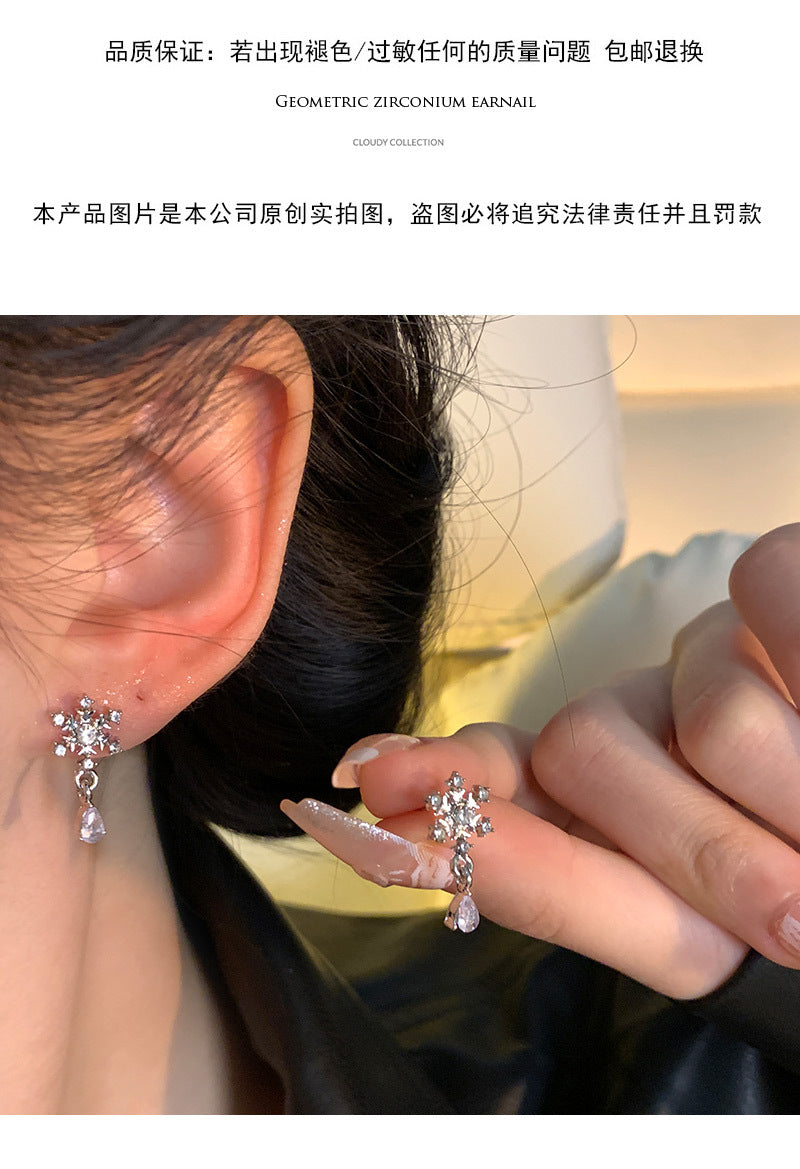 S925 silver needle light luxury niche snowflake zircon earrings