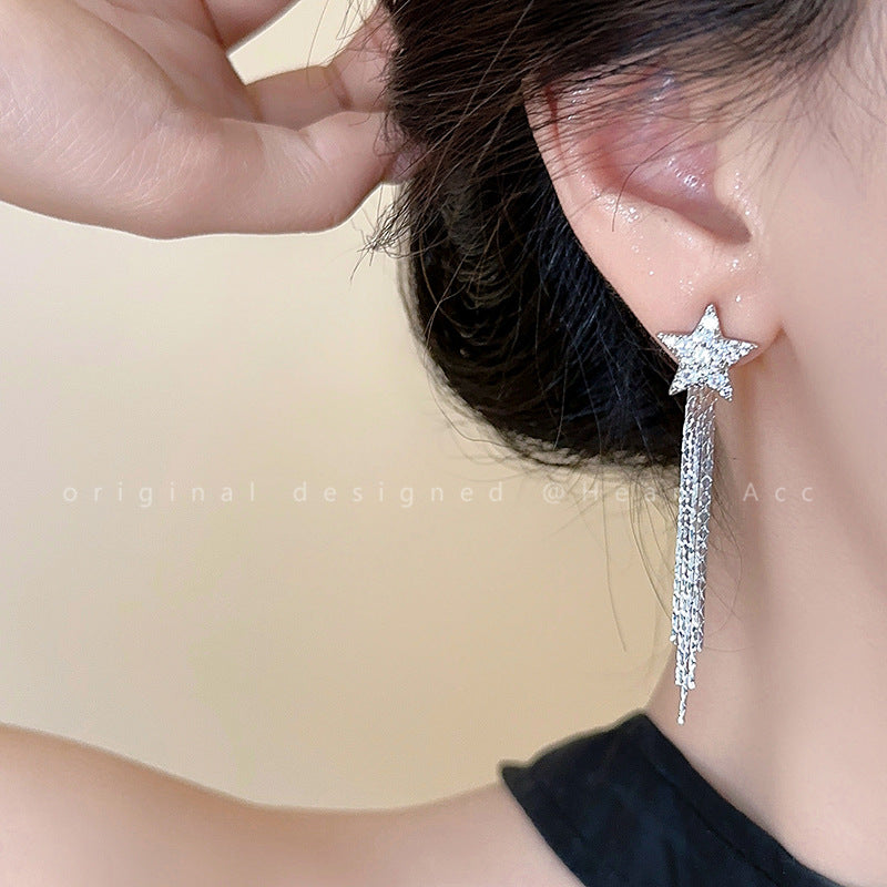 S925 silver needle super flash full diamond star earrings long tassel wholesale