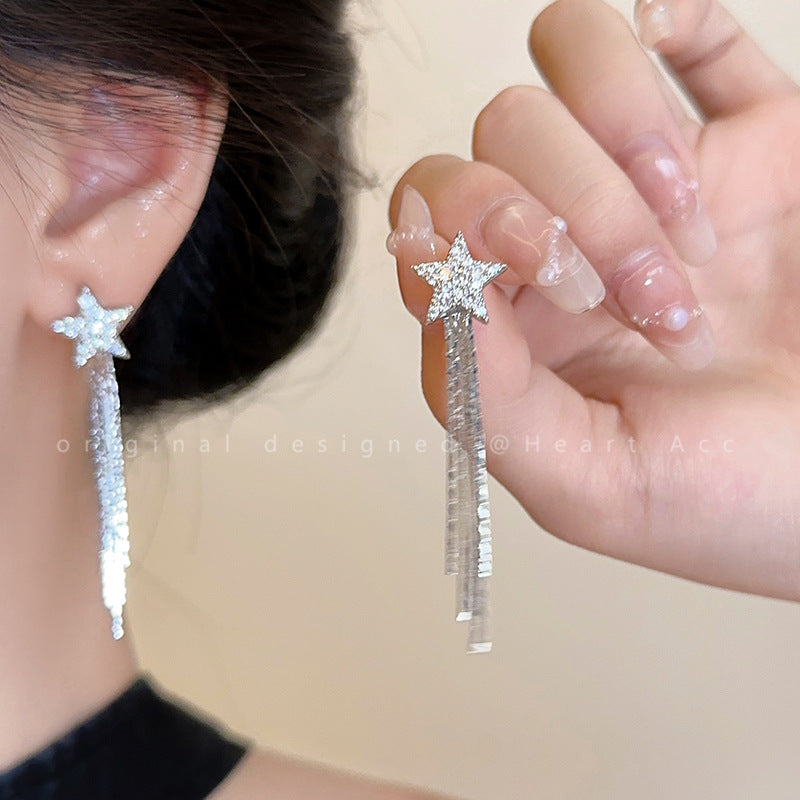 S925 silver needle super flash full diamond star earrings long tassel wholesale