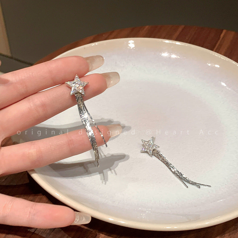 S925 silver needle super flash full diamond star earrings long tassel wholesale