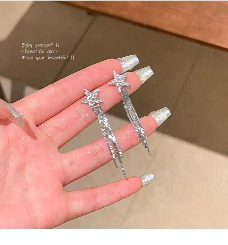 S925 silver needle super flash full diamond star earrings long tassel wholesale