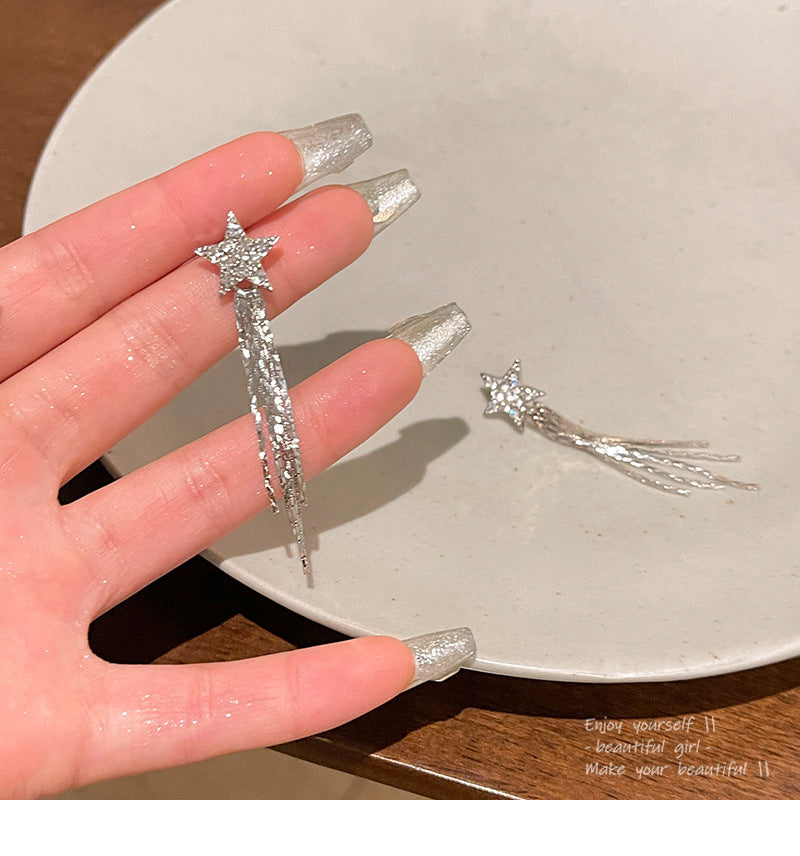 S925 silver needle super flash full diamond star earrings long tassel wholesale