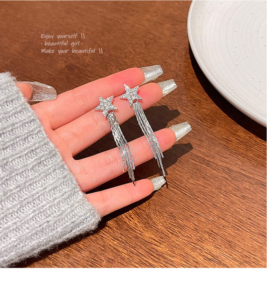 S925 silver needle super flash full diamond star earrings long tassel wholesale