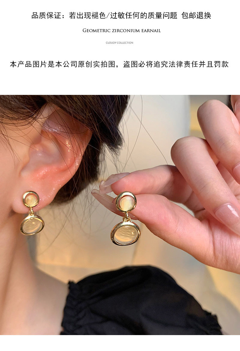 S925 silver needle light luxury niche cat's eye stone earrings beauty versatile temperament