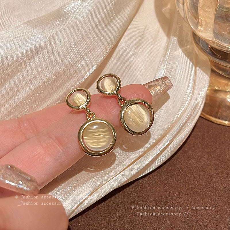 S925 silver needle light luxury niche cat's eye stone earrings beauty versatile temperament
