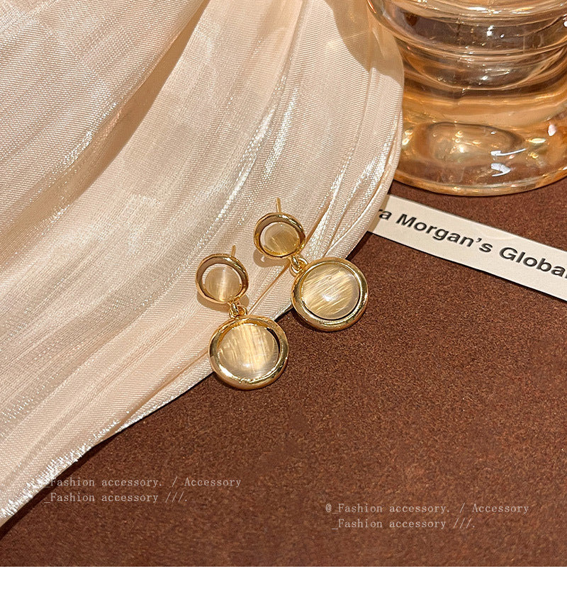 S925 silver needle light luxury niche cat's eye stone earrings beauty versatile temperament