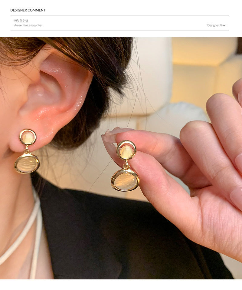 S925 silver needle light luxury niche cat's eye stone earrings beauty versatile temperament