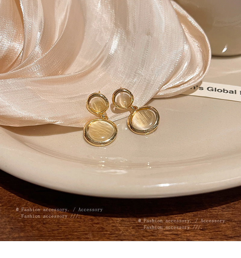 S925 silver needle light luxury niche cat's eye stone earrings beauty versatile temperament