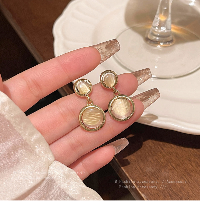 S925 silver needle light luxury niche cat's eye stone earrings beauty versatile temperament