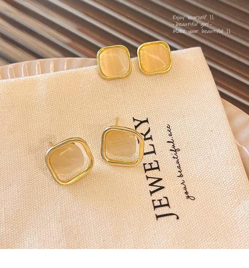 S925 silver needle temperament cat's eye stone versatile geometric earrings