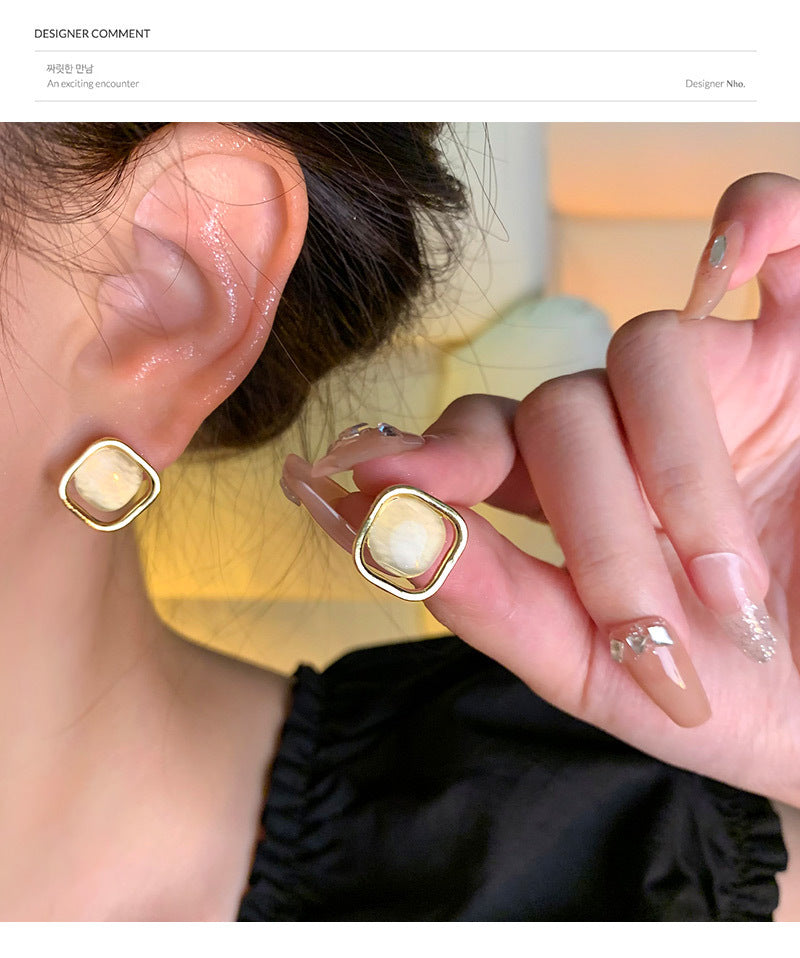 S925 silver needle temperament cat's eye stone versatile geometric earrings