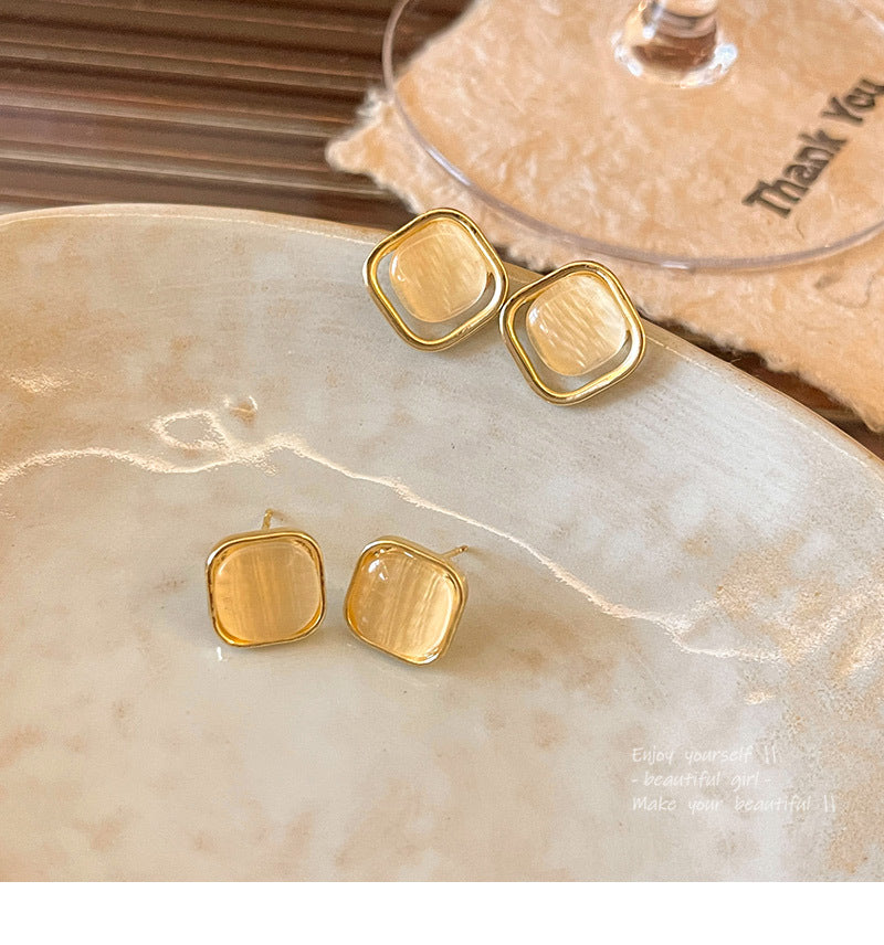 S925 silver needle temperament cat's eye stone versatile geometric earrings