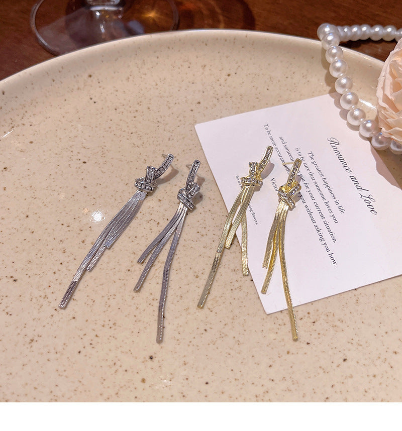 Long tassel earrings for women, the same style as internet celebrities, with sparkling knots and diamonds