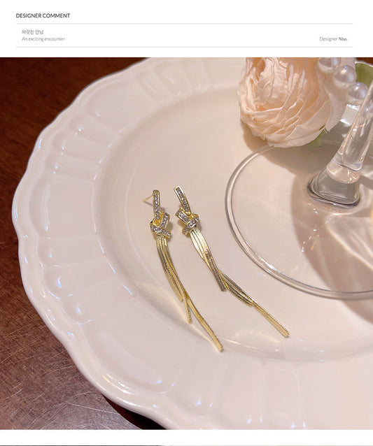 Long tassel earrings for women, the same style as internet celebrities, with sparkling knots and diamonds