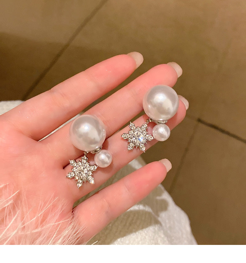 New super shiny full diamond one pair two wear pearl net celebrity earrings