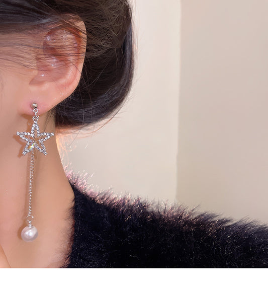 Super sparkling exquisite full diamond five-pointed star earrings