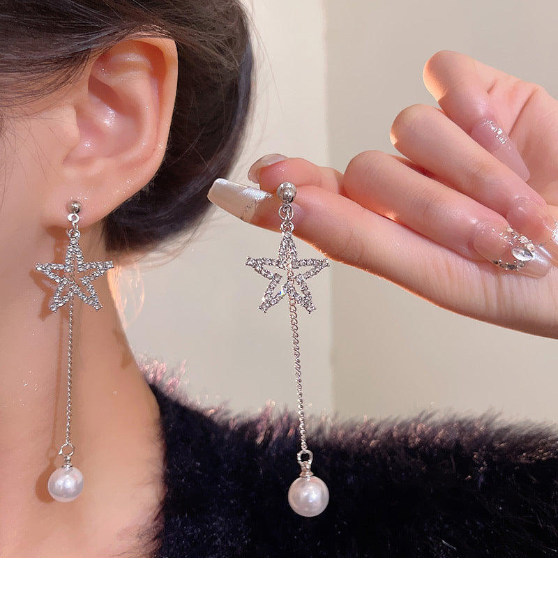 Super sparkling exquisite full diamond five-pointed star earrings