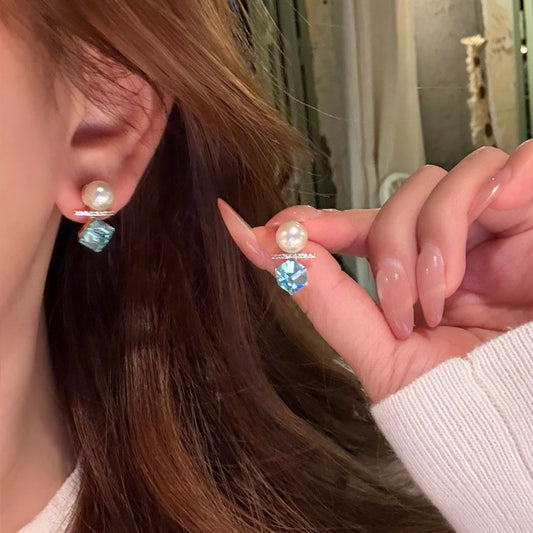Sweet and elegant blue crystal small sugar cube earrings