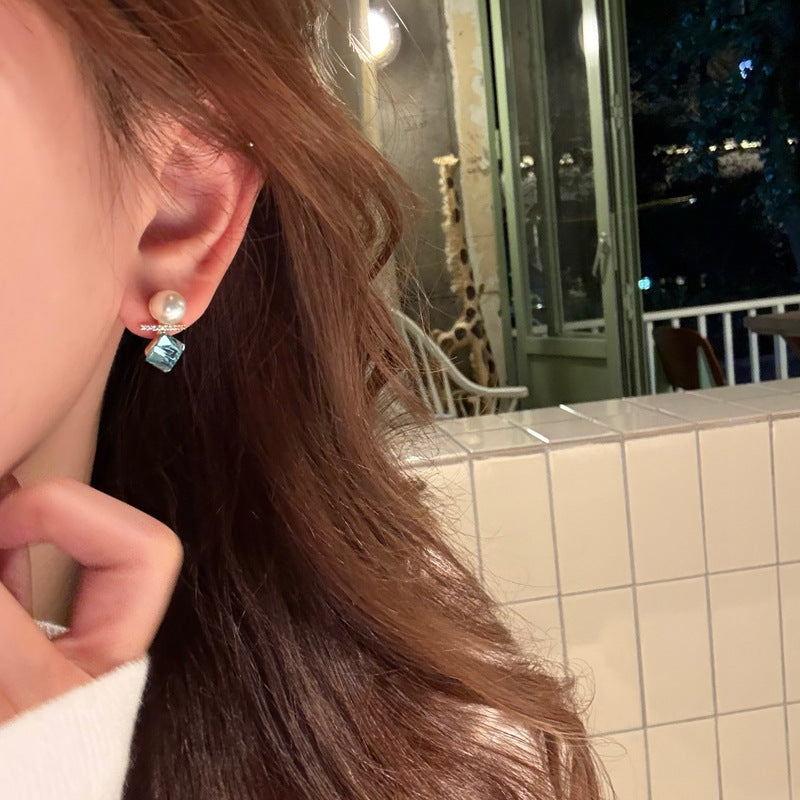 Sweet and elegant blue crystal small sugar cube earrings