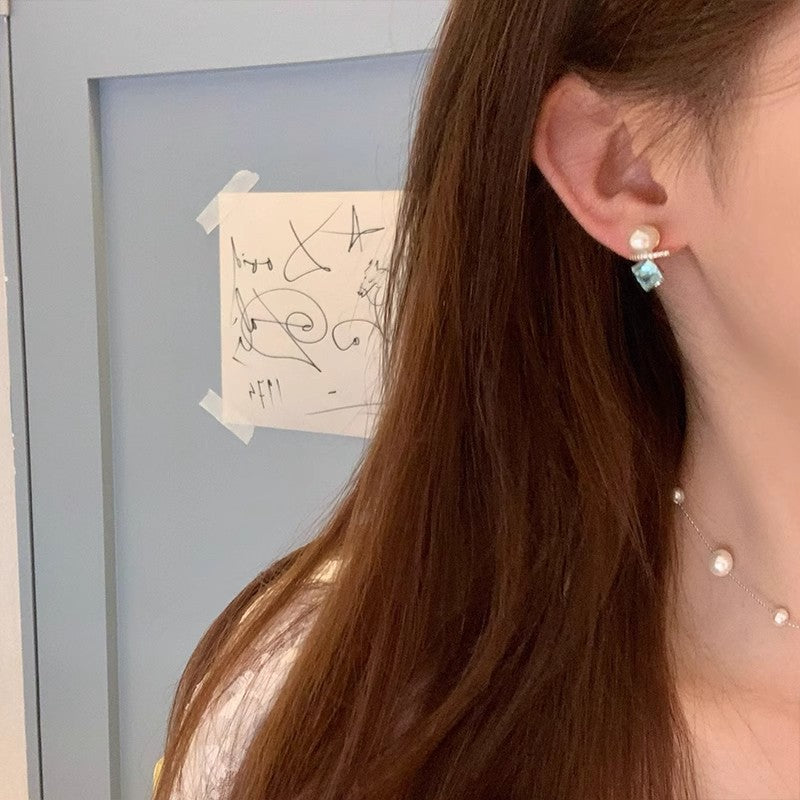 Sweet and elegant blue crystal small sugar cube earrings