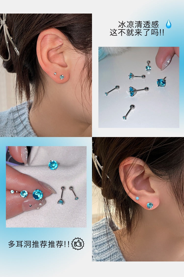 Flashing blue zircon niche design simple screw cochlear studs Internet celebrity same style
